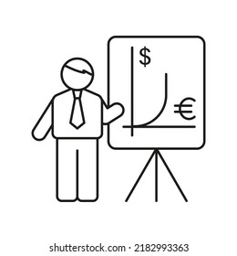 Icono de línea de concepto Presentación de Empresario. Ilustración de elemento simple. Diseño de símbolos de esquema de presentación de Businessman de conjunto de negocios. Se puede usar para web y móvil con fondo blanco
