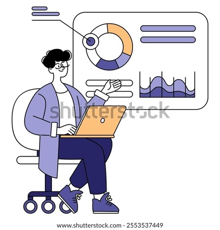 Businessman presentation concept. Professional delivering a report with graphs and pie chart data. Strategic analysis and corporate growth planning. Vector illustration.