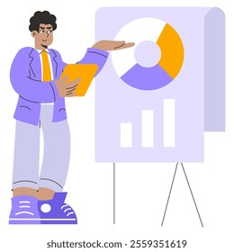 Businessman presentation concept. Professional presenting a pie chart and data analysis on a board. Corporate strategy and statistics report. Vector illustration.