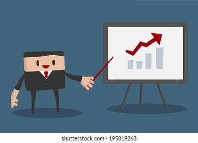 Businessman presentation in front of a board, Black suit with red necktie, Stylized cartoon vector EPS10