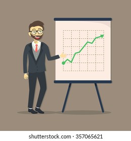 Businessman Presentation Growing Up. Vector illustration of businessman giving presentation with arrow up and increased business progress.