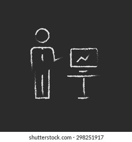 Businessman presentation hand drawn in chalk on a blackboard vector white icon on a black background