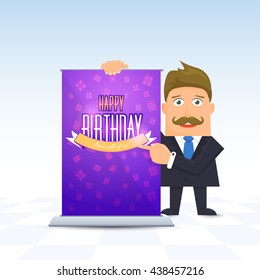 Businessman Presentation Happy Birthday Lettering Banner, Flat Vector DesignBackground
