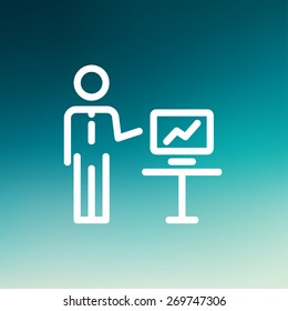 Businessman presentation icon thin line for web and mobile, modern minimalistic flat design. Vector white icon on gradient mesh background.