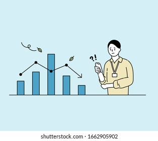 Businessman and Presentation illustration set. Falling Graph, Depressed man Vector drawing. Hand drawn style.