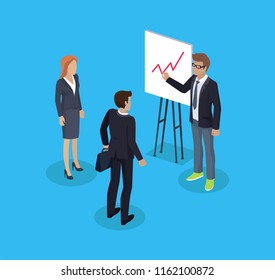 Businessman and presentation on whiteboard shown by presenter. Business person with briefcase and woman secretary. Working people 3d isometric vector