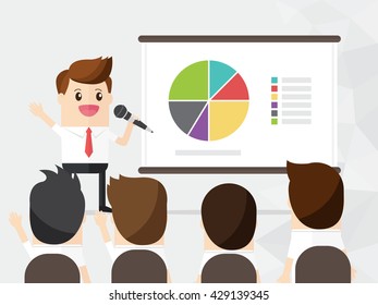 businessman presentation pie chart on board with business people