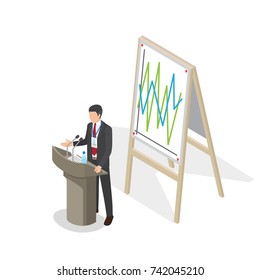 Businessman presentation at podium with schedule on poster. Person in business suit with name badge stands behind podium with two microphones, paper with text and bottle of water vector illustration
