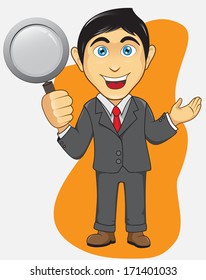 Businessman Presentation Pose with magnifier