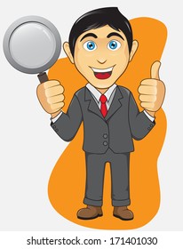 Businessman Presentation Pose with thumb and magnifier