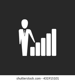 Businessman presentation with rising chart bar sign simple icon on  background