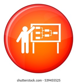 Businessman and presentation screen with scheme icon in red circle isolated on white background vector illustration