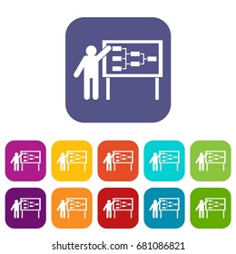 Businessman and presentation screen with scheme icons set vector illustration in flat style in colors red, blue, green, and other
