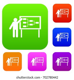 Businessman and presentation screen with scheme set icon in different colors isolated vector illustration. Premium collection