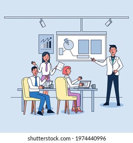 Businessman presentation. A senior manager presenting a project, statistics, infographics, Marketing research for business data projects. Vector isometric illustration. 
