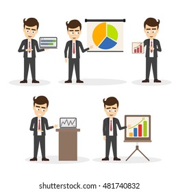 Businessman presentation set. Smiling handsome businessman with infographics and charts. Professional office worker.