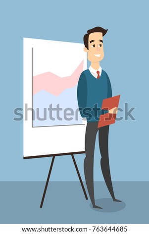 Businessman with presentation standing with chartboard and data.