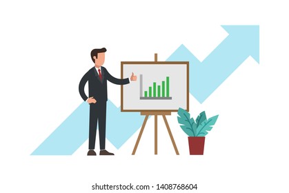 Businessman at presentation standing in front of growing diagram as a concept of financial success at business planning. Arrow up direction. Modern flat vector illustration. Market growth symbol.
