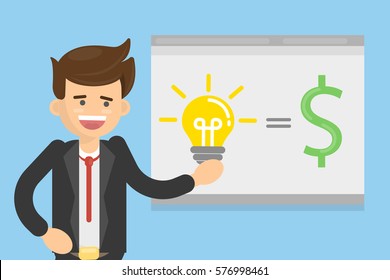 Businessman with presentation stands near the board and shows how to make money. Dollar and idea signs.