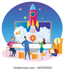 Businessman Presentation Startup Launching Rocket Symbol on Screen Vector Illustration. Development Team Successful Project Financial Profit Buy Company Money Investment Mobile App Service