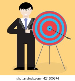 Businessman presentation success right in the bullseye. Success goal concept, business marketing strategy. Vector flat design illustration