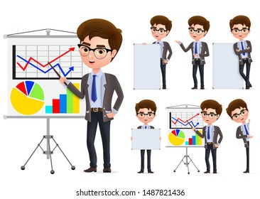 Businessman presentation vector character set. Business man characters in presentation standing and holding blank whiteboard in white background. Vector illustration.