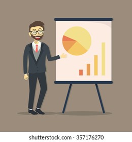 Businessman Presentation. Vector illustration of businessman giving presentation with pie chart and bar graph in dark gray background.
