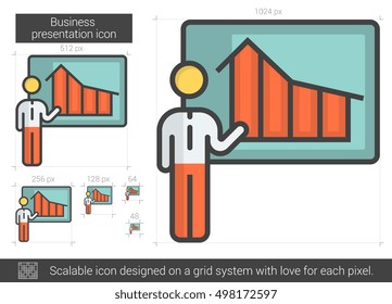 Icono de línea vectorial de presentación de Businessman aislado en fondo blanco. Icono de la línea de presentación de hombre de negocios para infografía, sitio web o aplicación. Icono escalable diseñado en un sistema de cuadrícula.