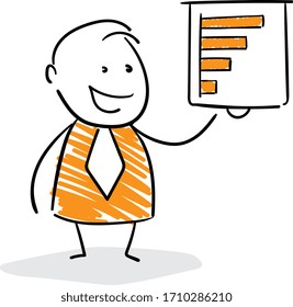 Businessman presentation with whiteboard and bar chart.
Boy hand drawn doodle line art cartoon design character - isolated vector illustration outline of man.
