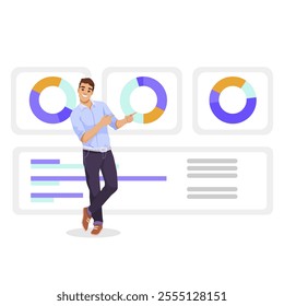 Businessman presenting analytics charts and graphs. Vector illustration