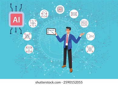 Businessman presenting artificial intelligence features, big data, internet of things and data analytics using a tablet over binary code background. Vector illustration