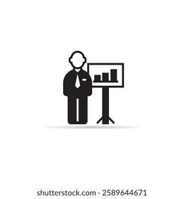 businessman presenting bar chart icon with shadow on white background