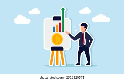 Un hombre de negocios que presenta un gráfico de bitcoin sobre una tendencia al alza, ilustración de una explicación del crecimiento de la valoración de bitcoin