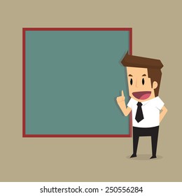 businessman presenting, black billboard with empty space. Presentation.vector