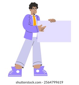 Businessman presenting blank board concept. Confident executive in a suit ready to reveal company strategy or advertisement. Vector illustration.