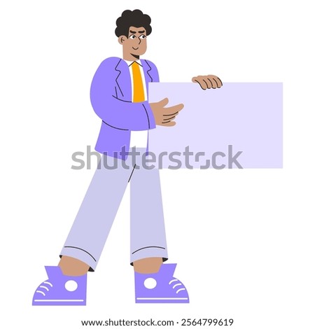 Businessman presenting blank board concept. Confident executive in a suit ready to reveal company strategy or advertisement. Vector illustration.