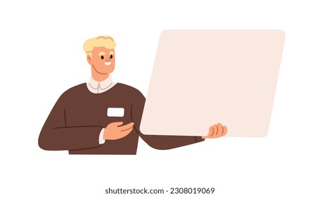 Businessman presenting blank paper. Business man speaker advertising, showing empty board, recommending, demonstrating at presentation banner. Flat vector illustration isolated on white background