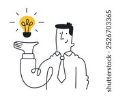 Businessman presenting a bright idea with a lightbulb. Doodle style with an editable strike.