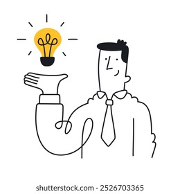 Businessman presenting a bright idea with a lightbulb. Doodle style with an editable strike.