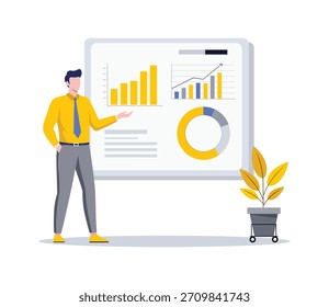 Hombre de negocios que presenta el análisis de datos del gráfico de negocios en la pizarra blanca con gráfico de barras y gráfico circular