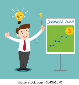 Businessman presenting business plan with dollar money, illustration vector cartoon