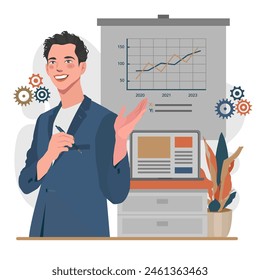 businessman presenting charts in flat style illustration