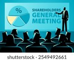 Businessman presenting a circular chart to shareholders during a general meeting. Perfect for themes of financial reporting, initial public offering, or investment discussions