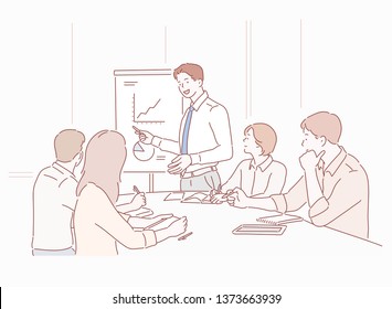 Businessman presenting to colleagues at a meeting. Hand drawn style vector design illustrations.