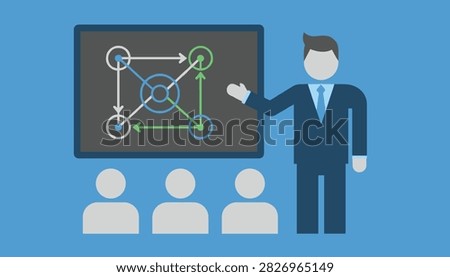 Businessman presenting a complex workflow diagram on a blackboard to a group of three students or employees.