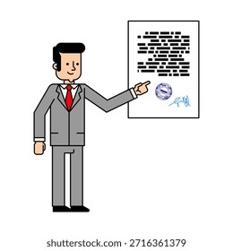 Hombre de negocios que presenta un contrato o documento de Acuerdo en una pantalla. Documento legal, presentación comercial y concepto de negociación comercial.
