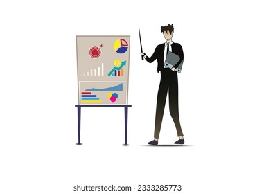 Businessman presenting Current State of Affairs Report.Man with white graph board presentation.trainings,reports.Space advertising, promotion. Vector design Business and office team.