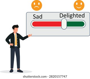 Businessman Presenting Customer Feedback Meter Sad to Delighted Vector
