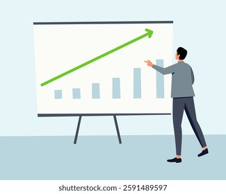 Businessman presenting a data analysis chart with rising graph. A professional corporate illustration for finance, business growth, marketing strategy, and economic progress