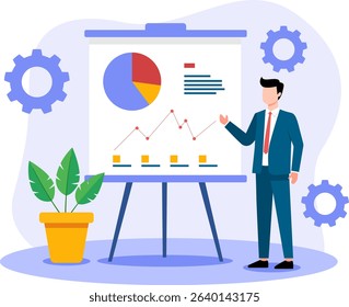 Businessman Presenting Data Analytics on Board – Flat Vector Illustration